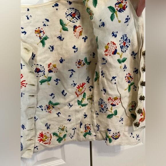 VTG 1960s FLORAL CREWEL EMBROIDERY CREAM LINEN CHILDREN HANDMADE BLOUSE TOP SZ S - Picture 6 of 14